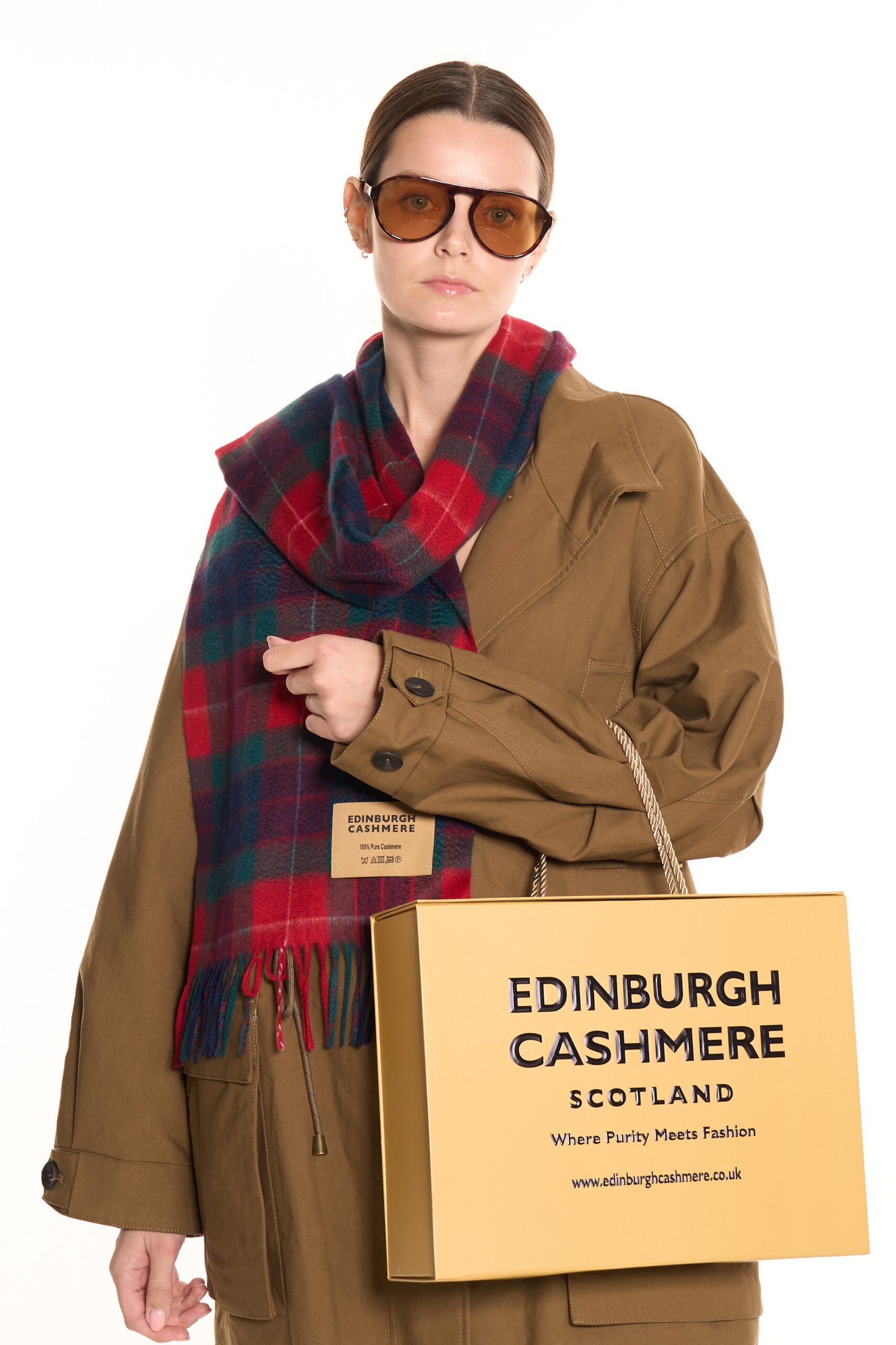 First-time buyer wearing an Edinburgh Cashmere scarf for the first time